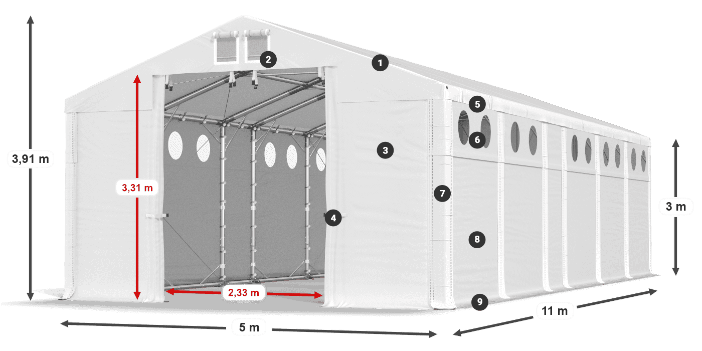 Střecha: FR 620 PVC Stěny: MS O 580 PVC 3m legenda