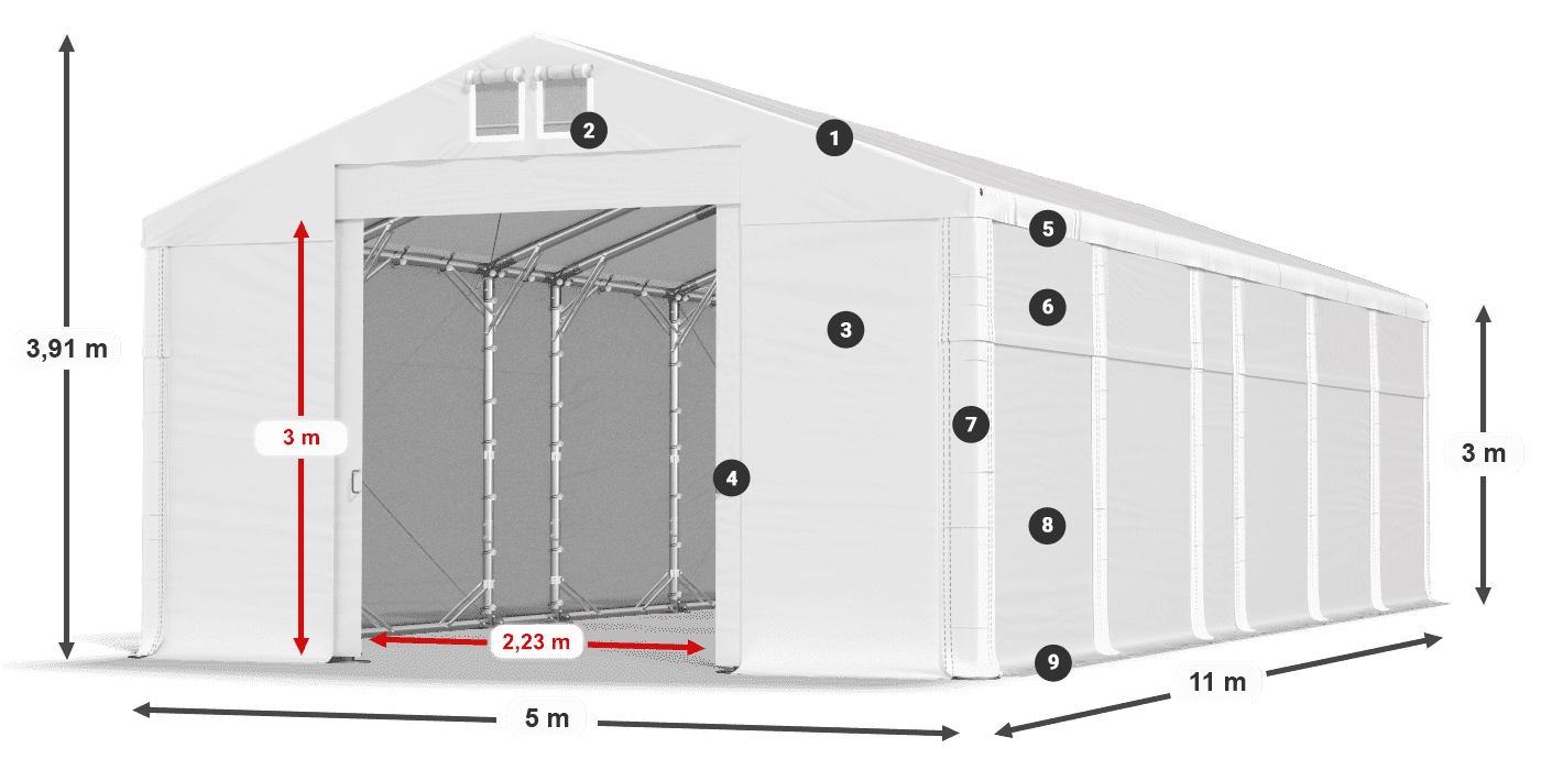 Střecha: FR 620 PVC Stěny: SD 500 PVC 3m legenda