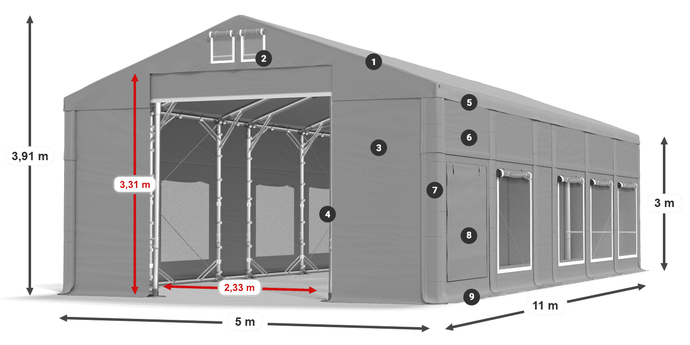 Střecha: FR 620 PVC Stěny: SD 500 PVC 3m legenda
