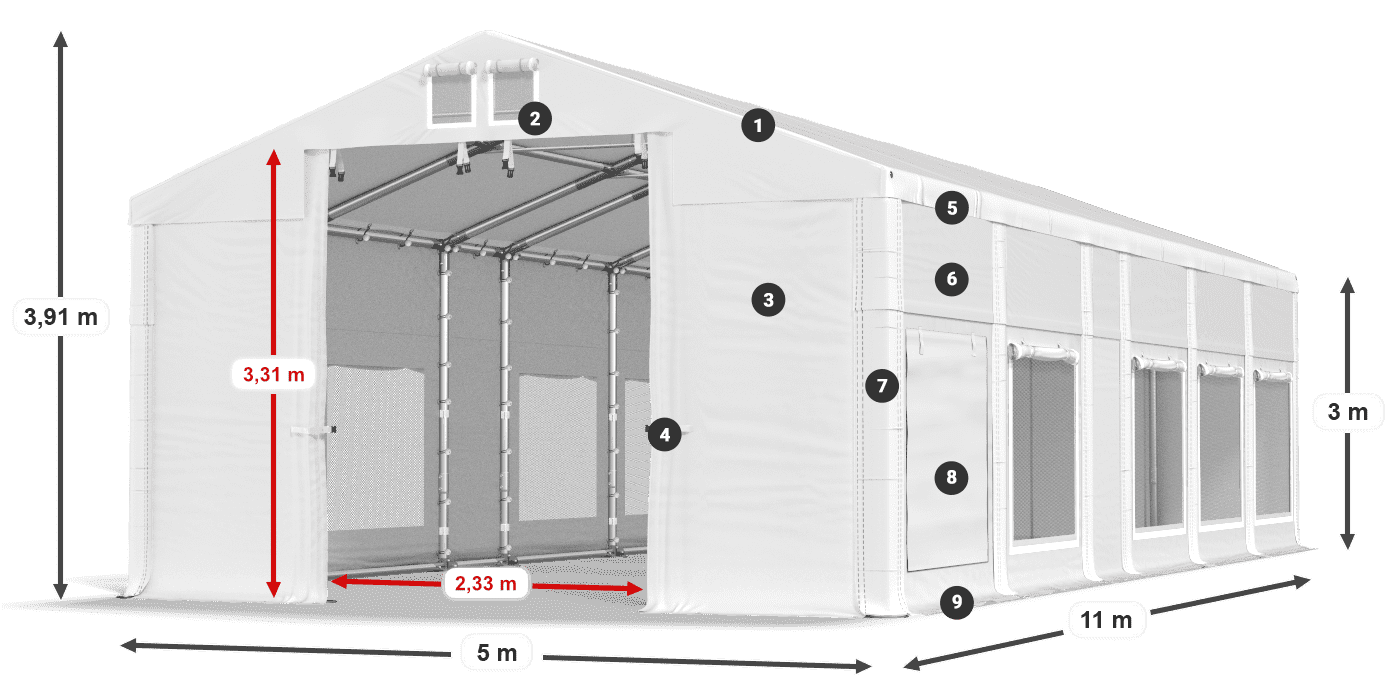 Střecha: FR 620 PVC Stěny: SD 500 PVC 3m legenda