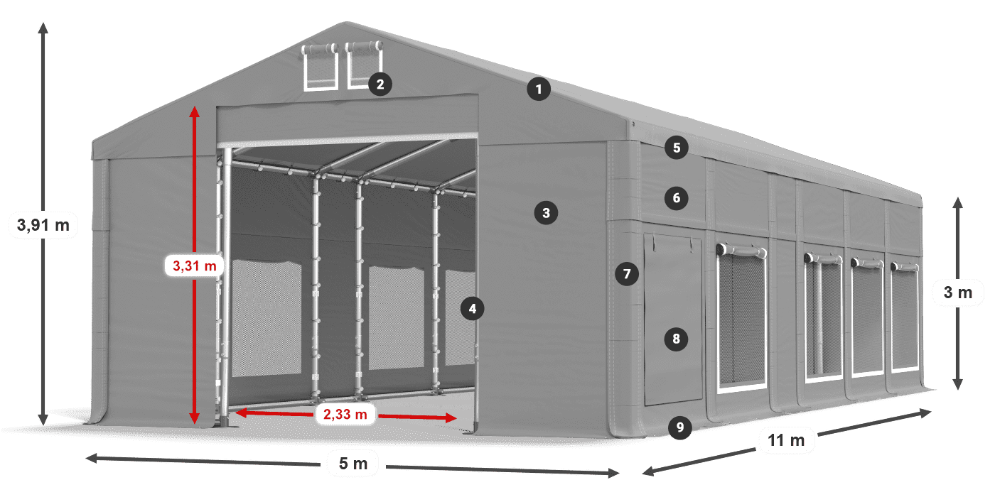 Střecha: FR 620 PVC Stěny: SD 500 PVC 3m legenda