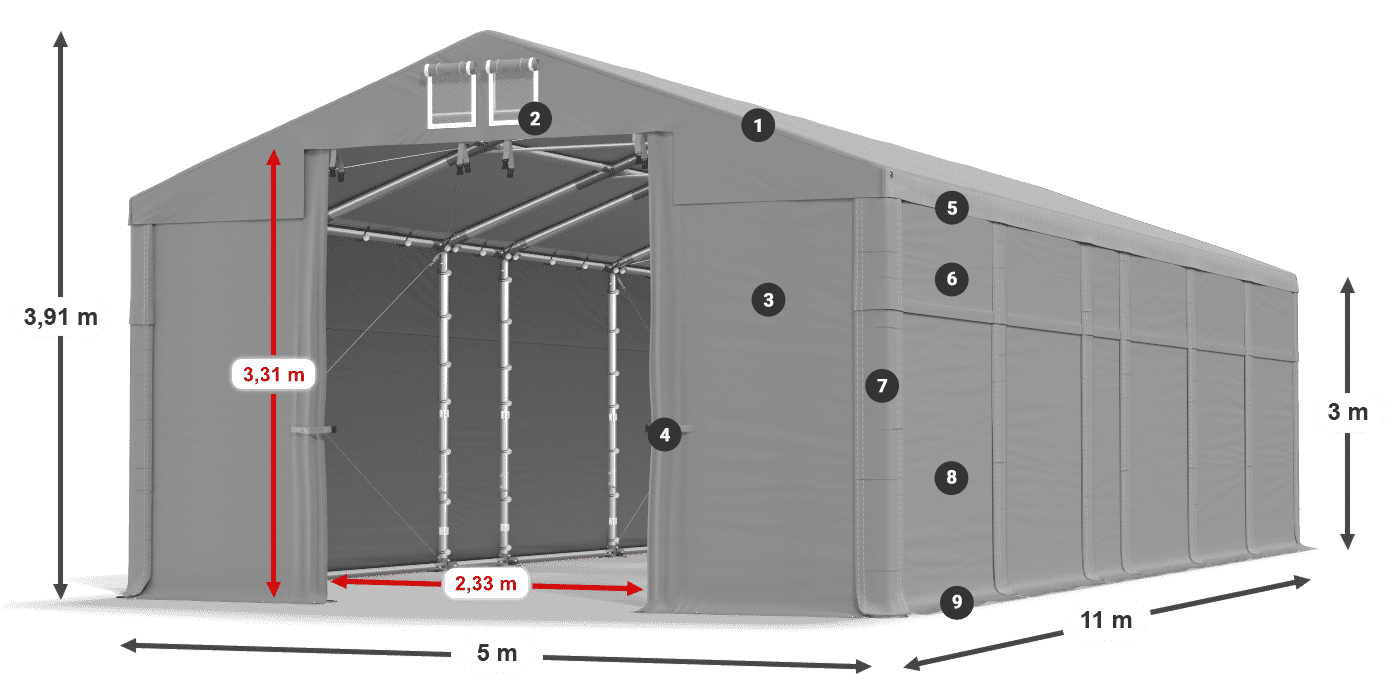 Střecha: FR 620 PVC Stěny: SD 500 PVC 3m legenda