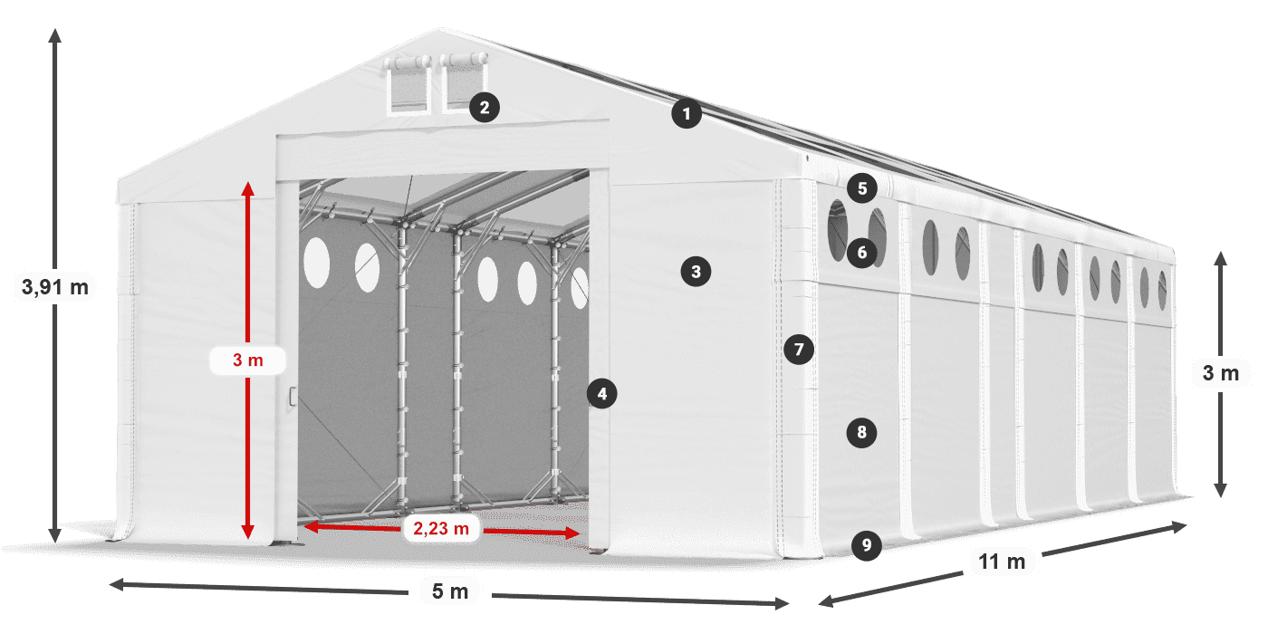 Střecha: MS T 580 PVC Stěny: FR O 620 PVC 3m legenda