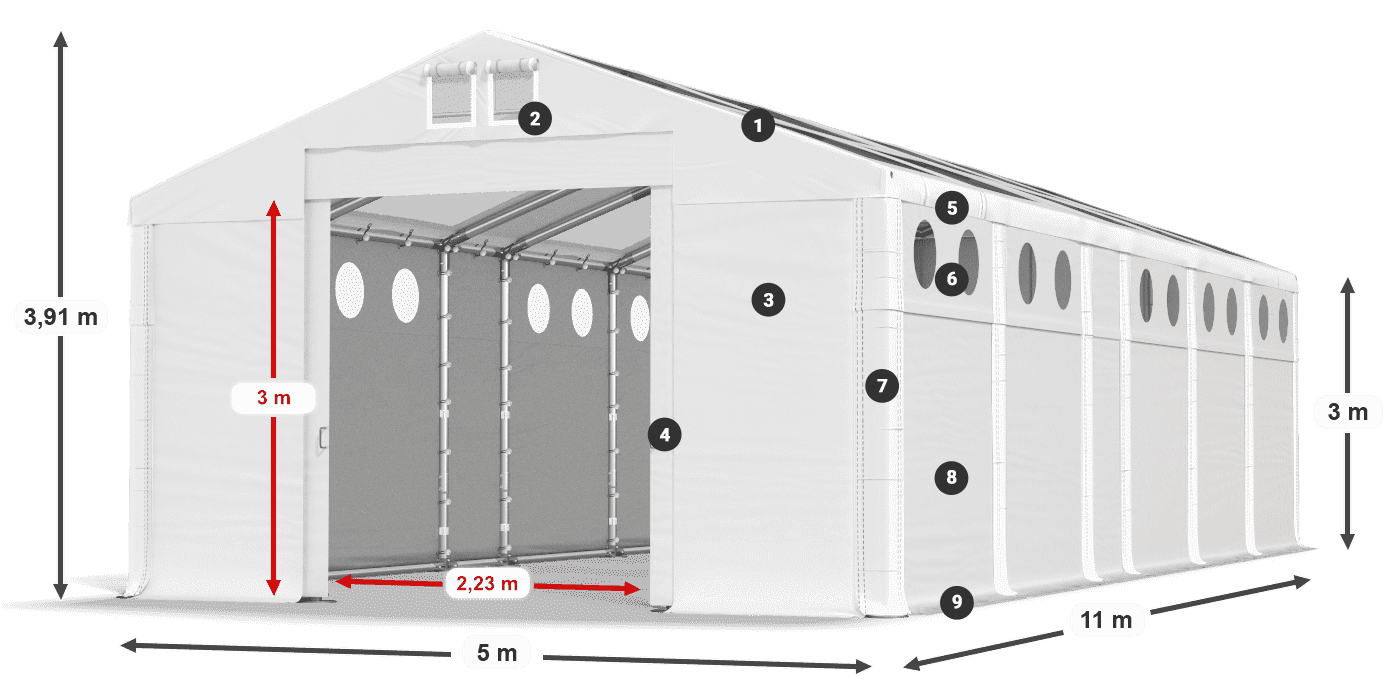 Střecha: MS T 580 PVC Stěny: FR O 620 PVC 3m legenda