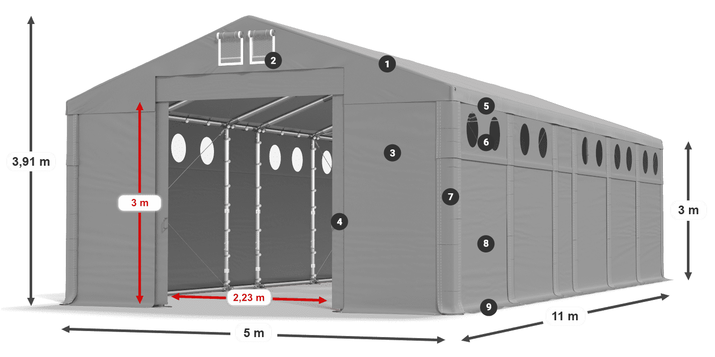 Střecha: MS 580 PVC Stěny: FR O 620 PVC 3m legenda