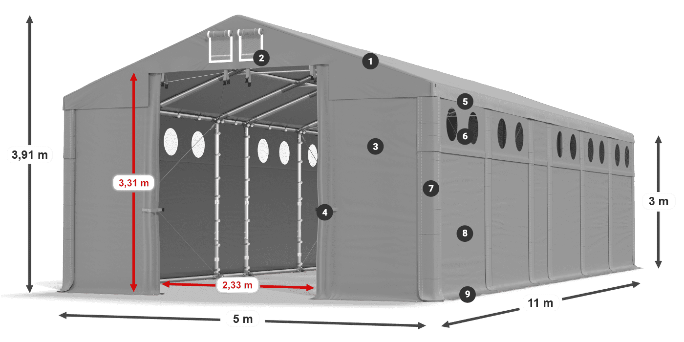 Střecha: MS 580 PVC Stěny: FR O 620 PVC 3m legenda