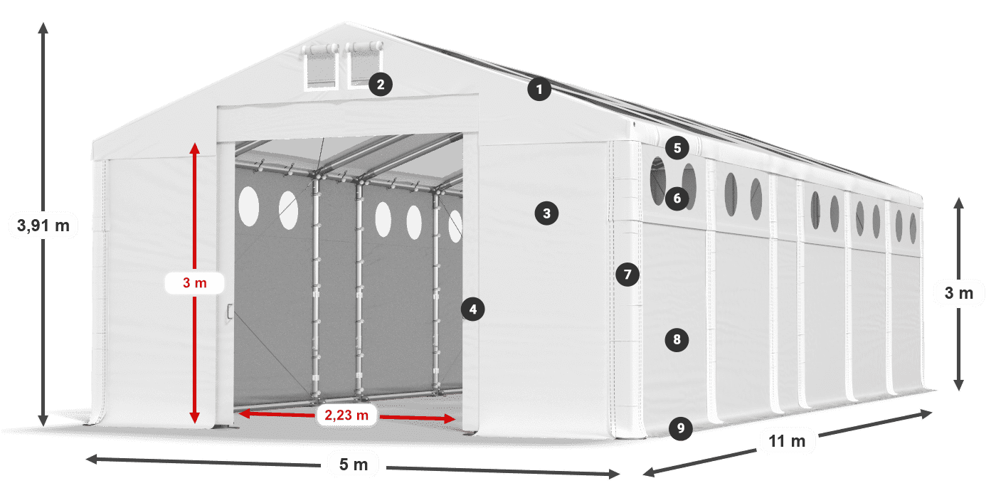 Střecha: MS T 580 PVC Stěny: FR O 620 PVC 3m legenda
