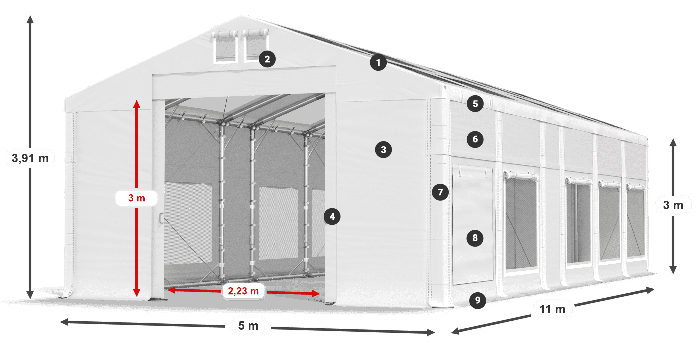 Střecha: MS T 580 PVC Stěny: SD M 500 PVC 3m legenda