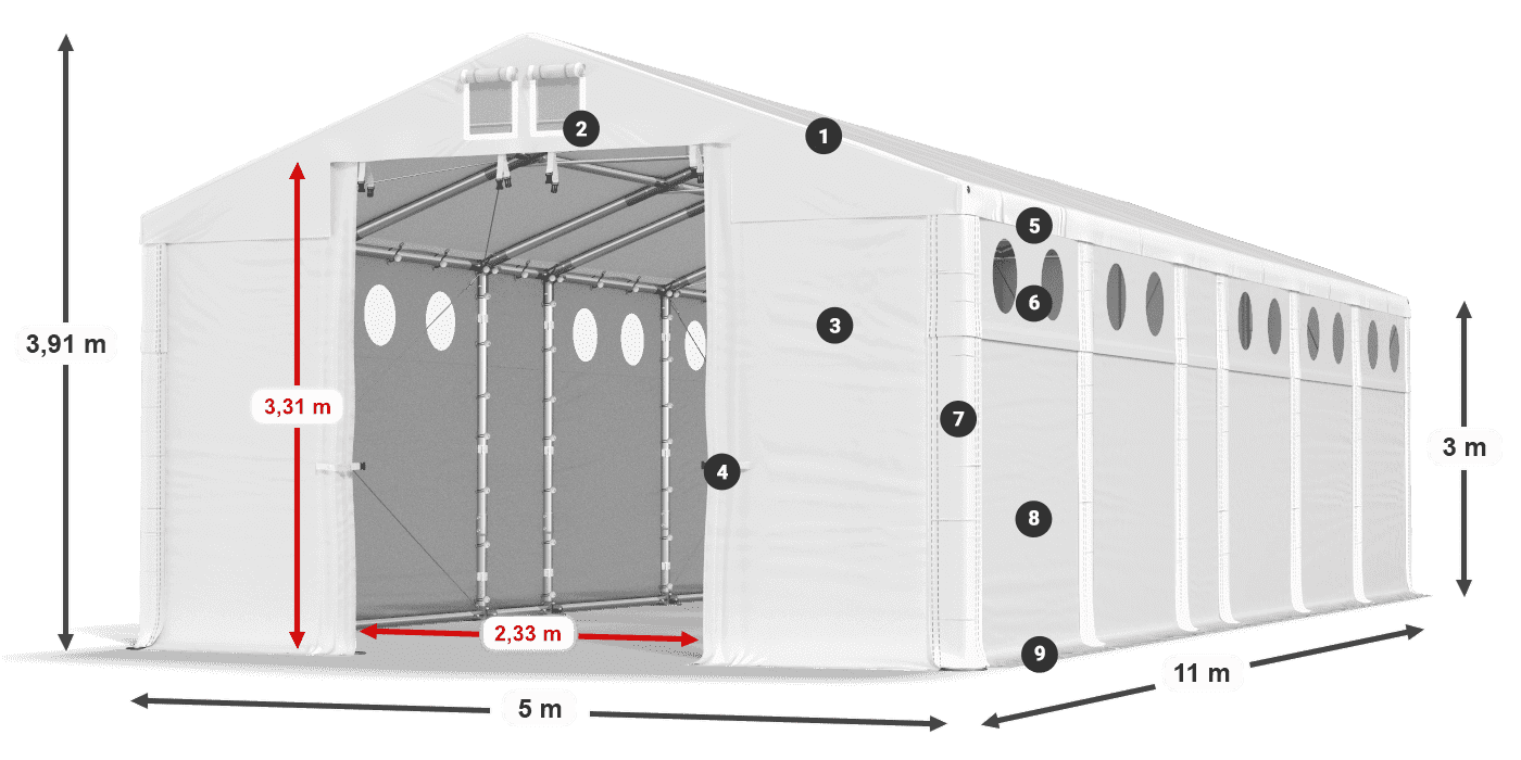 Střecha: MS 580 PVC Stěny: SD O 500 PVC 3m legenda