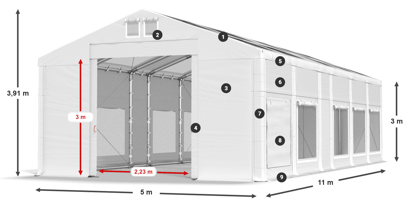 Střecha: MS T 580 PVC Stěny: SD M 500 PVC 3m legenda