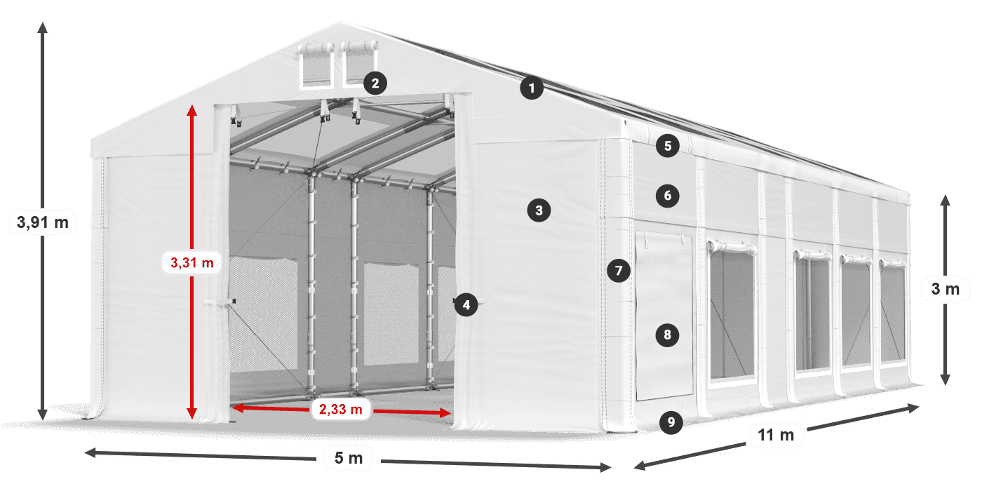 Střecha: MS T 580 PVC Stěny: SD M 500 PVC 3m legenda
