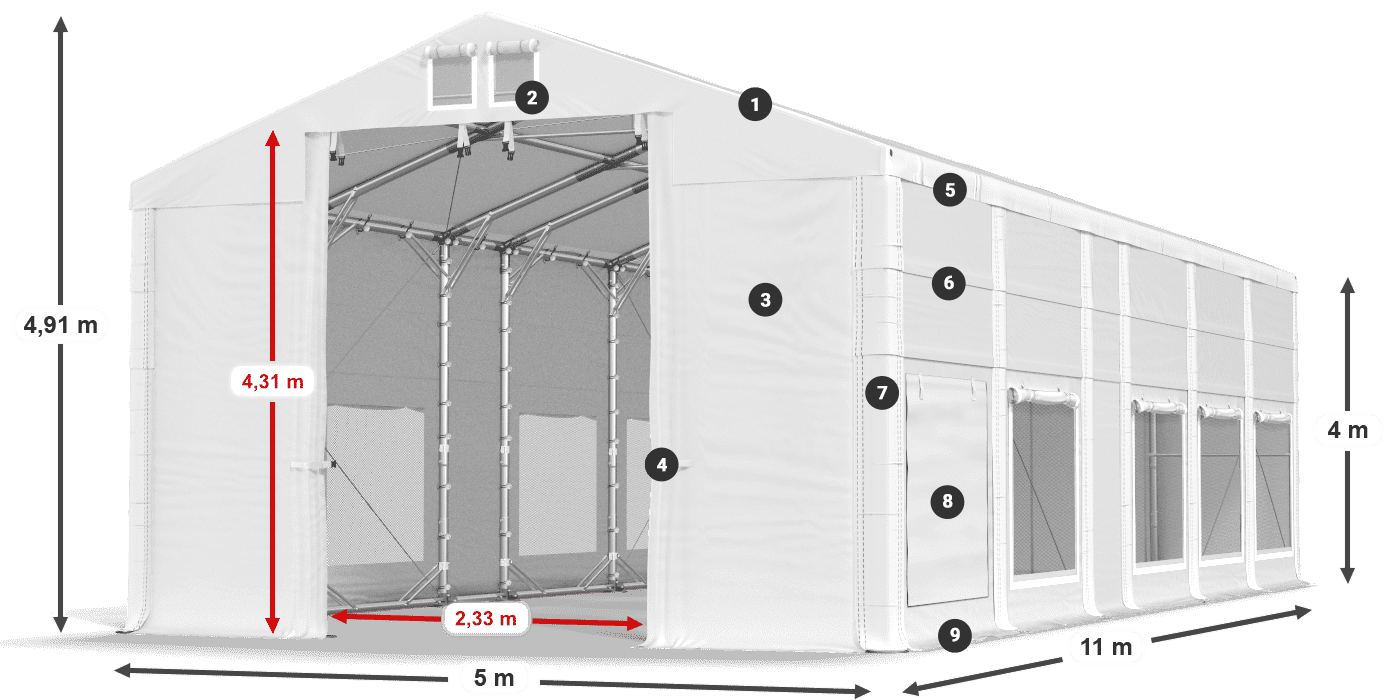 Střecha: FR 620 PVC Stěny: SD 500 PVC 4m legenda