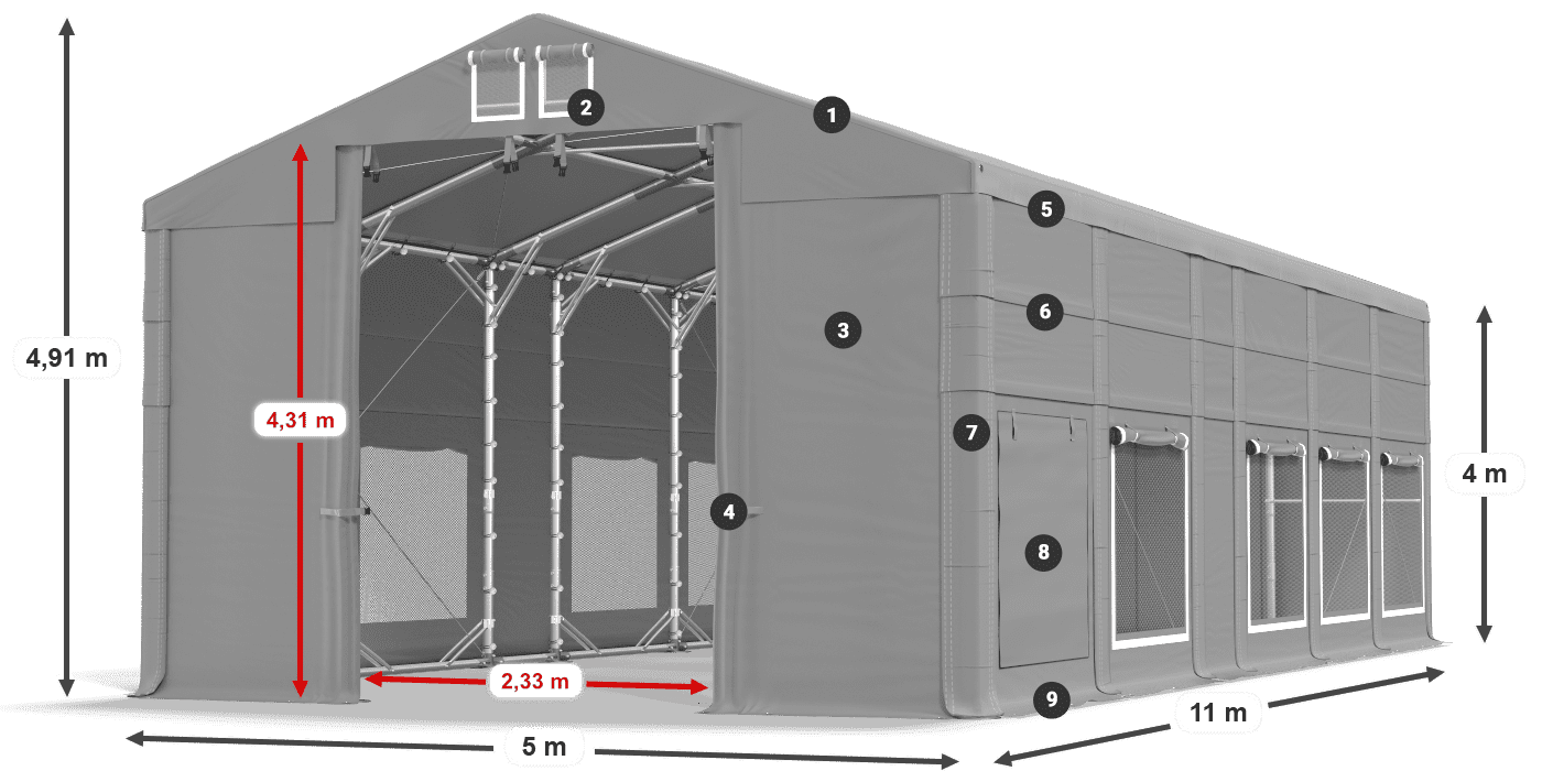 Střecha: FR 620 PVC Stěny: SD 500 PVC 4m legenda