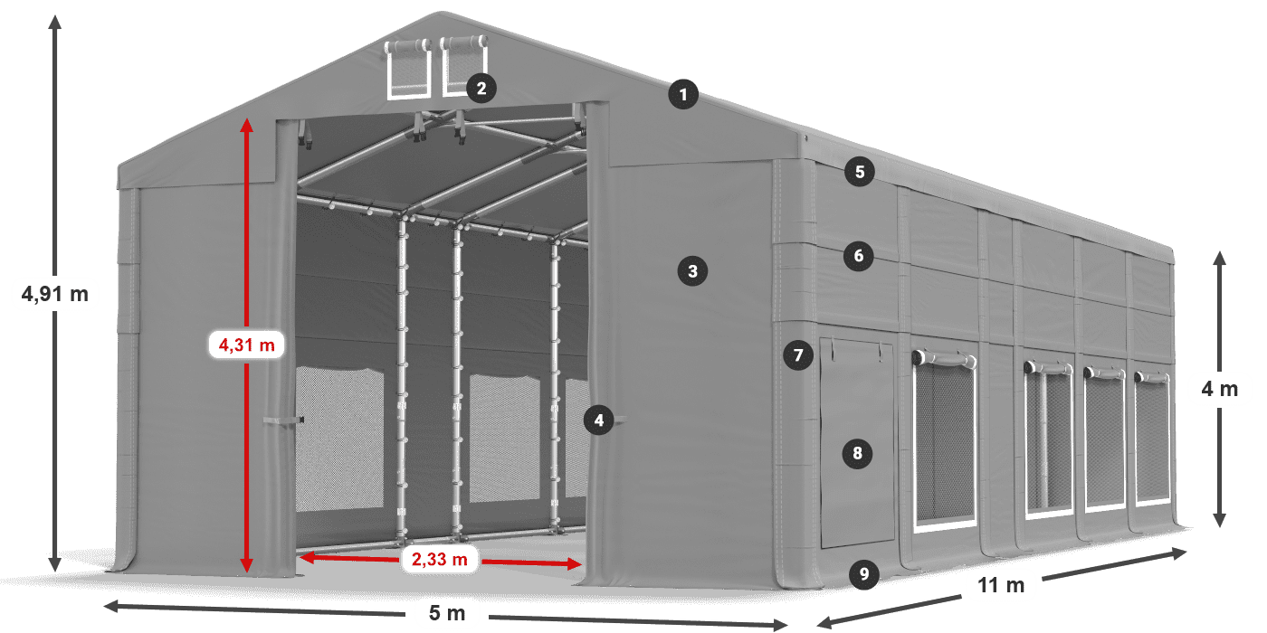 Střecha: FR 620 PVC Stěny: SD 500 PVC 4m legenda