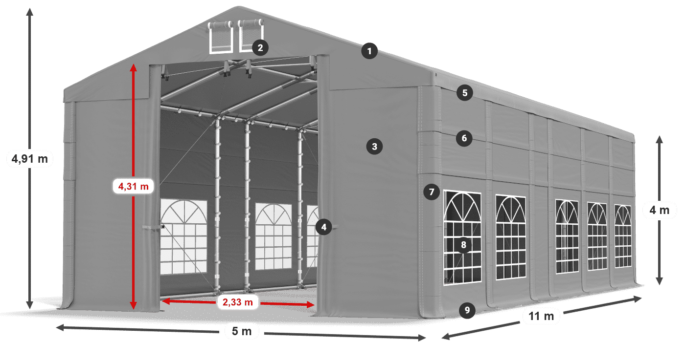 Střecha: FR 620 PVC Stěny: SD 500 PVC 4m legenda