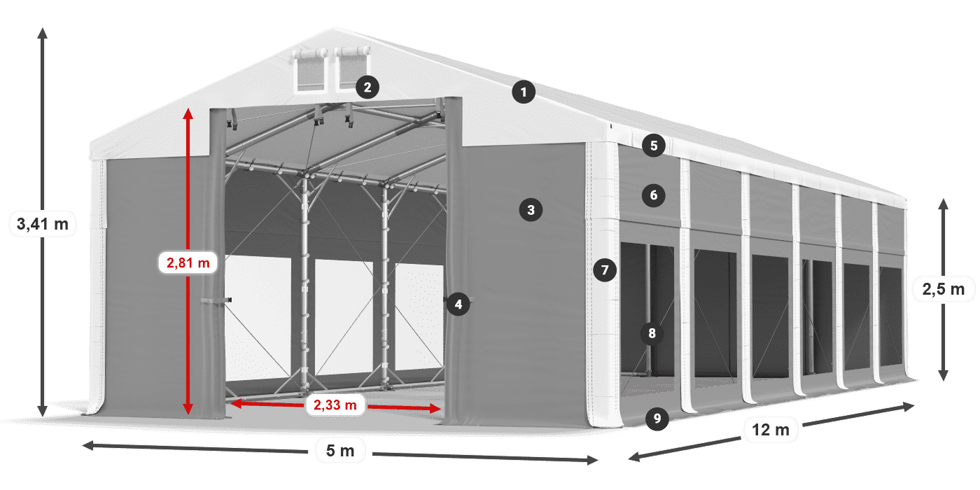Střecha: FR 620 PVC Stěny: MS 580 PVC 2,5 m legenda