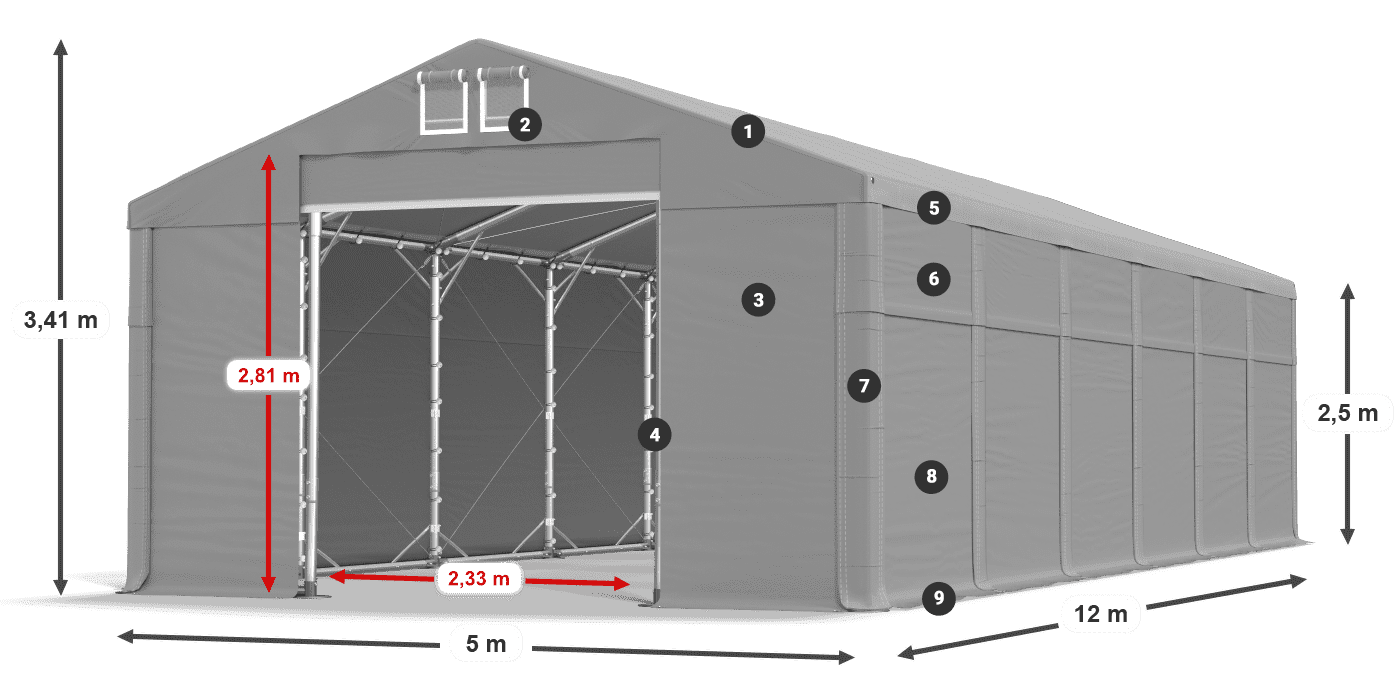 Střecha: FR 620 PVC Stěny: SD 500 PVC 2,5 m legenda