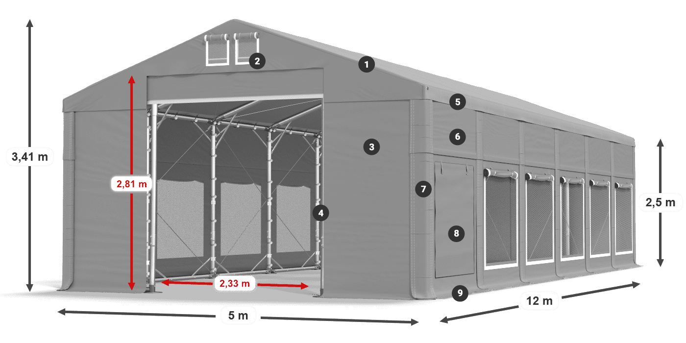 Střecha: FR 620 PVC Stěny: SD 500 PVC 2,5 m legenda