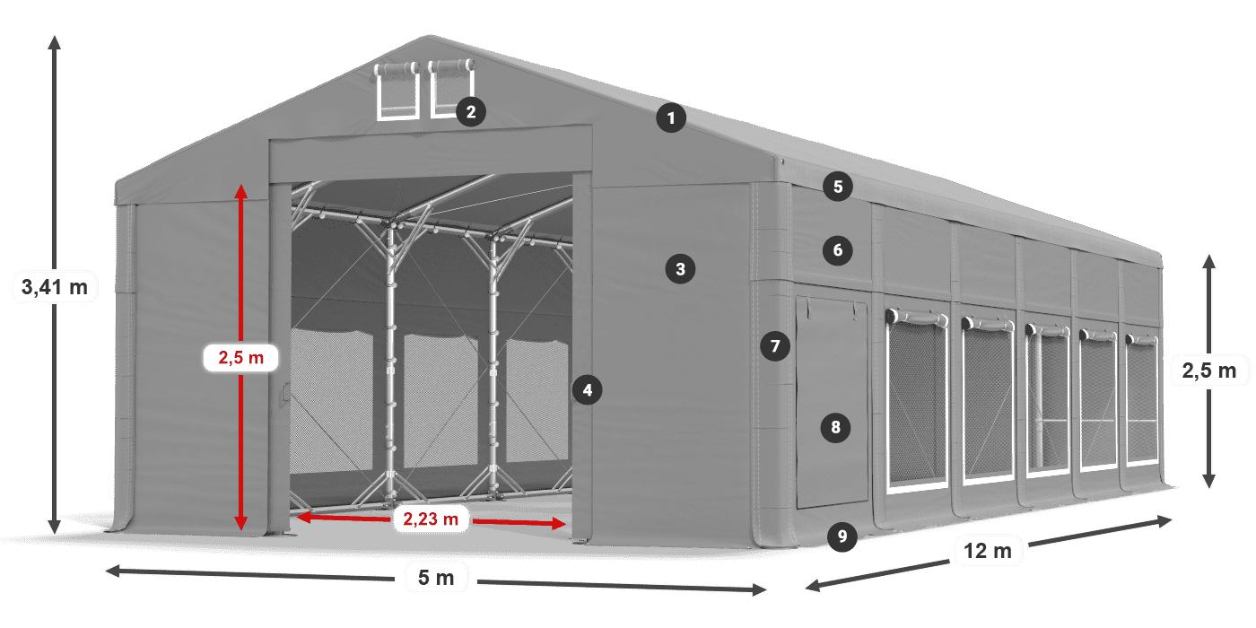 Střecha: FR 620 PVC Stěny: SD 500 PVC 2,5 m legenda