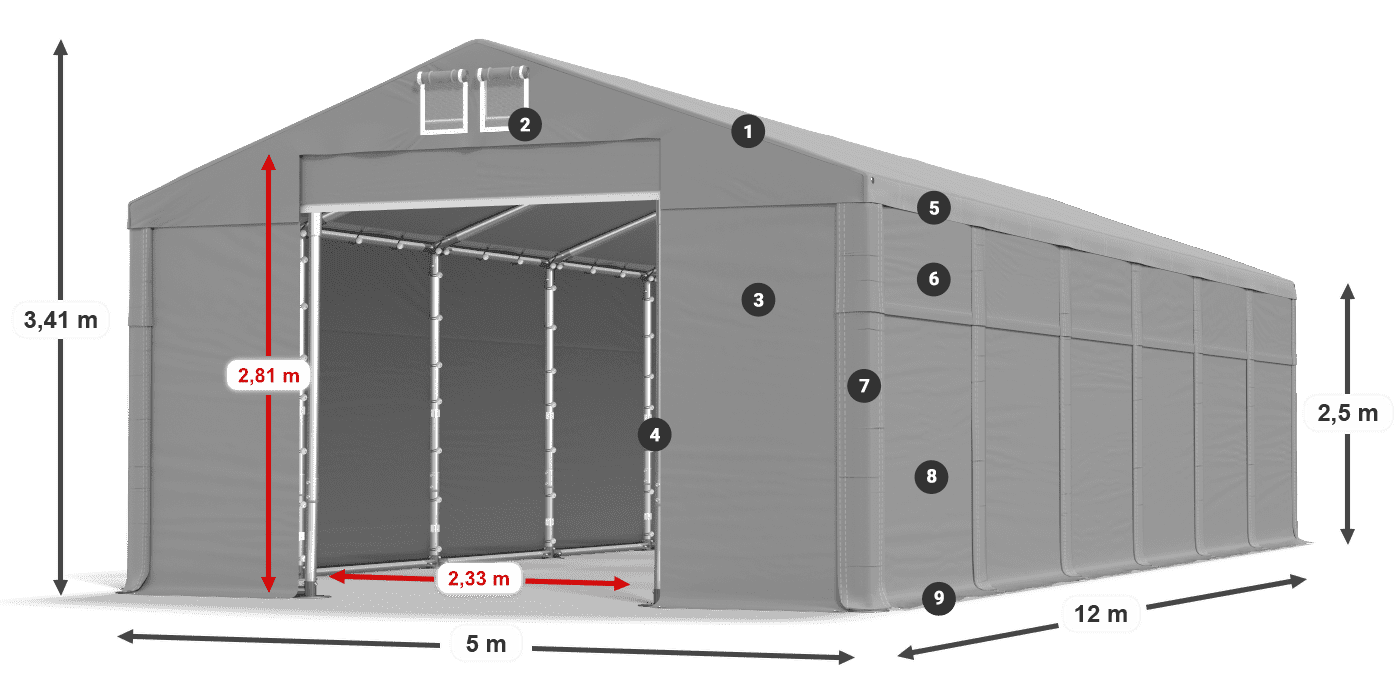 Střecha: FR 620 PVC Stěny: SD 500 PVC 2,5 m legenda