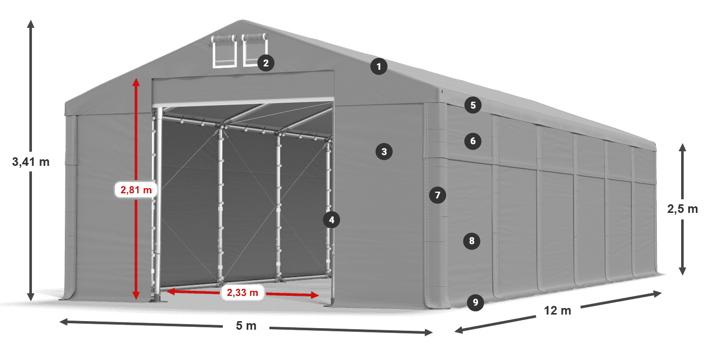 Střecha: FR 620 PVC Stěny: SD 500 PVC 2,5 m legenda