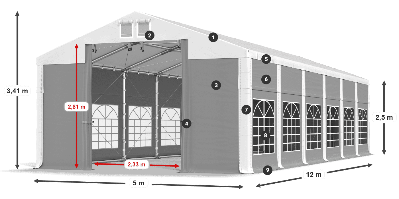 Střecha: FR 620 PVC Stěny: SD 500 PVC 2,5 m legenda