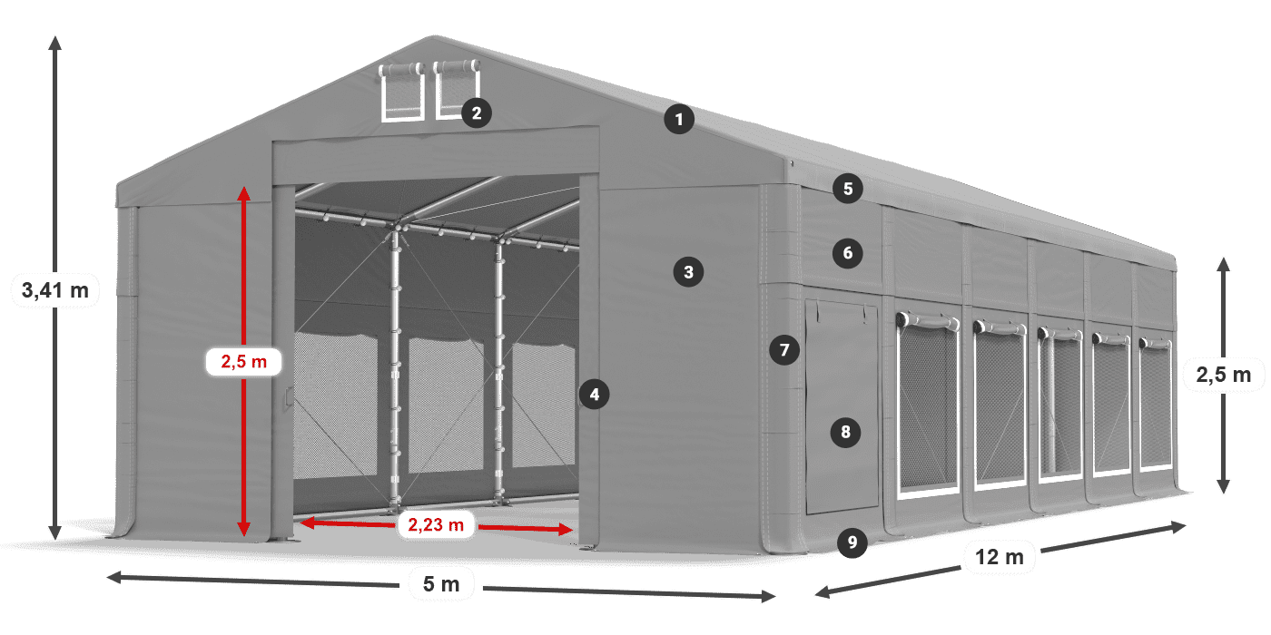 Střecha: FR 620 PVC Stěny: SD 500 PVC 2,5 m legenda