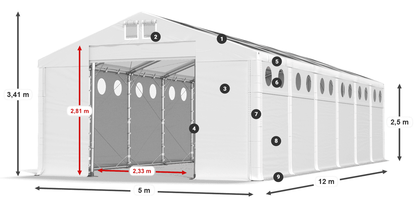 Střecha: MS T 580 PVC Stěny: FR O 620 PVC 2,5 m legenda