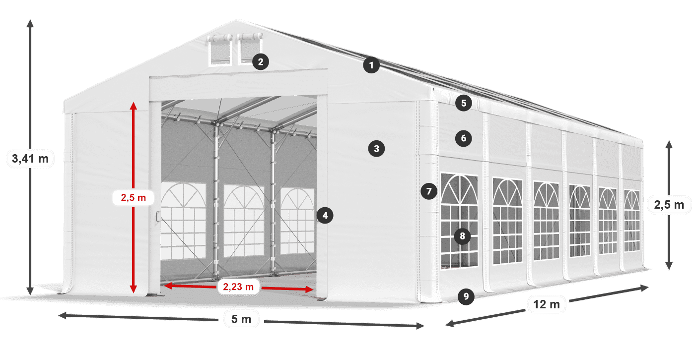 Střecha: MS T 580 PVC Stěny: FR 620 PVC 2,5 m legenda