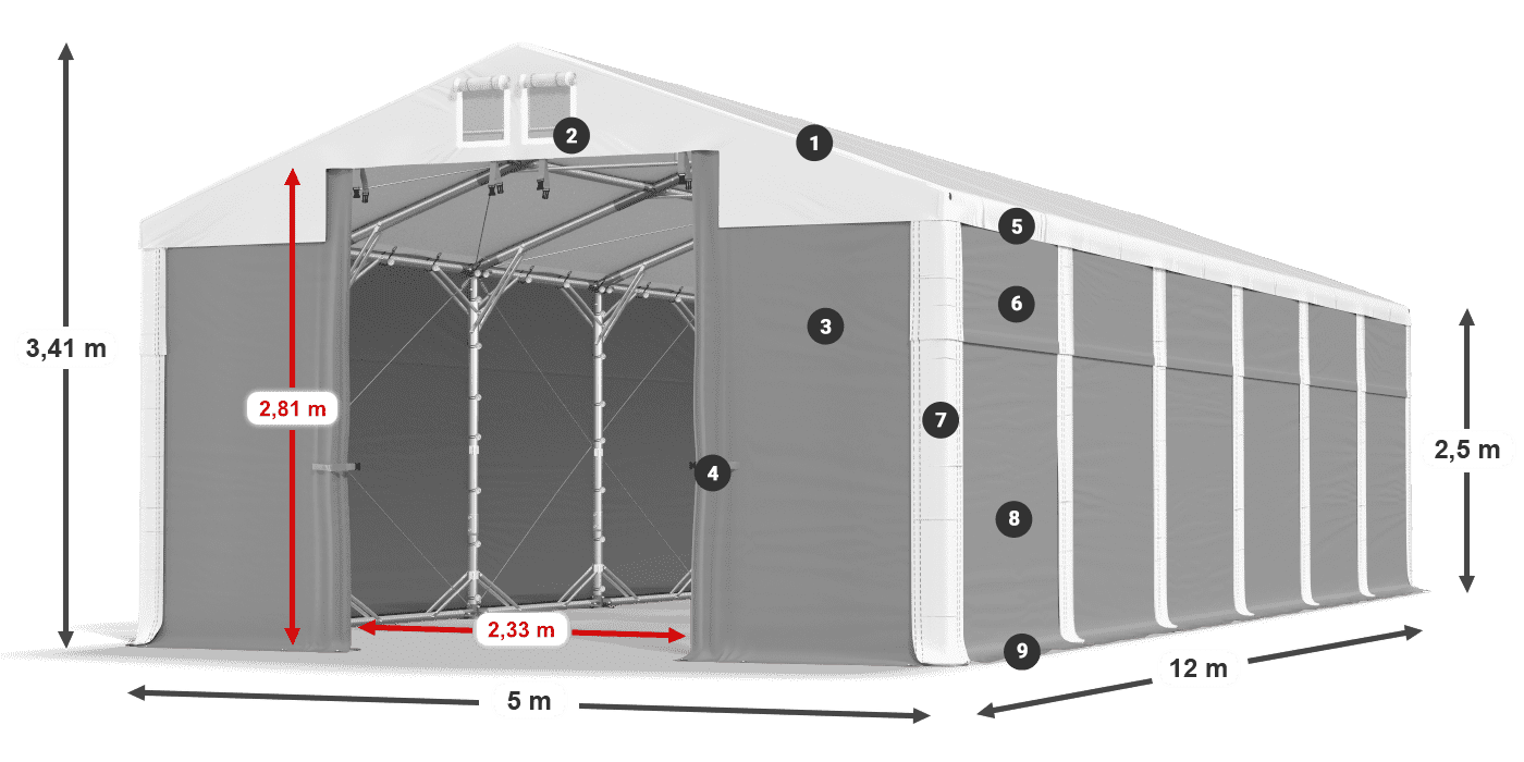 Střecha: MS 580 PVC Stěny: FR 620 PVC 2,5 m legenda