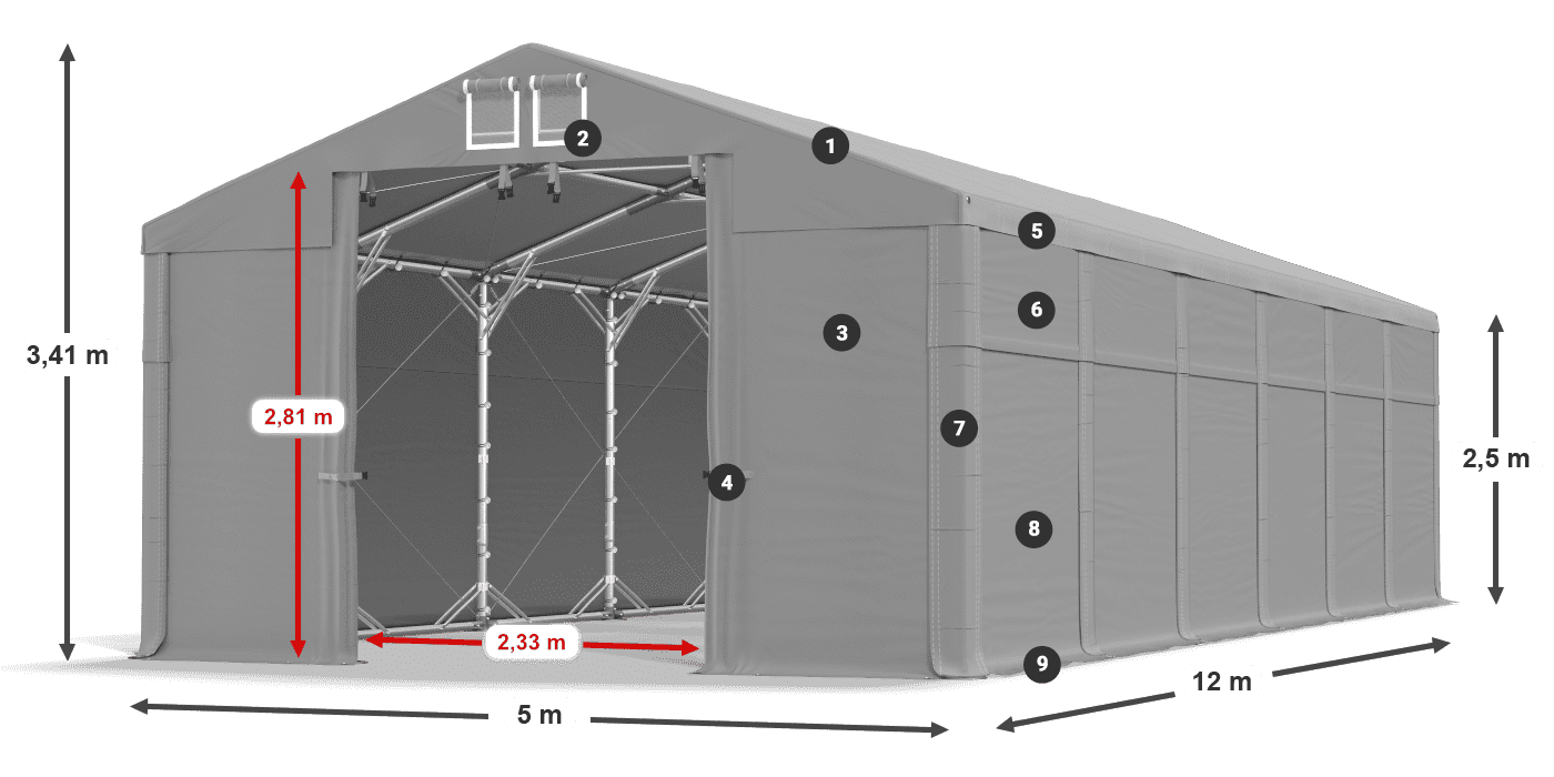 Střecha: MS 580 PVC Stěny: FR 620 PVC 2,5 m legenda