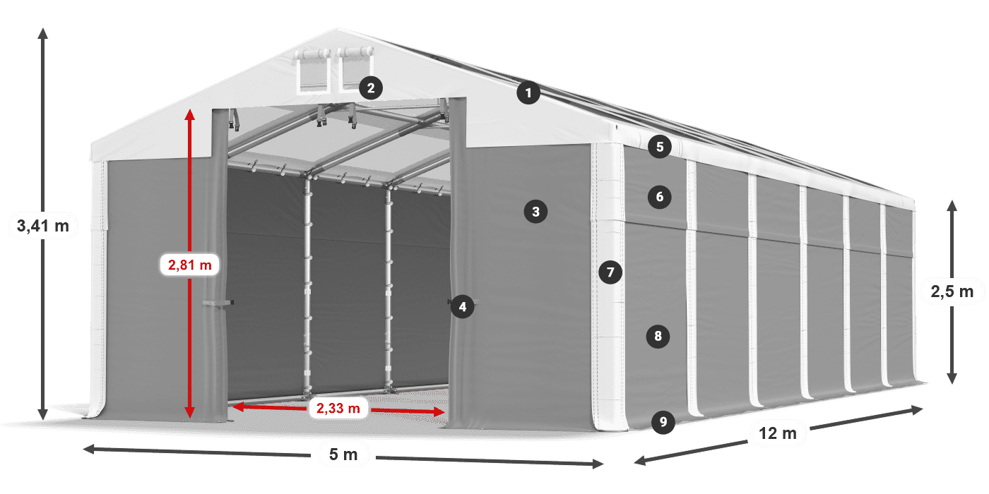 Střecha: MS T 580 PVC Stěny: FR 620 PVC 2,5 m legenda