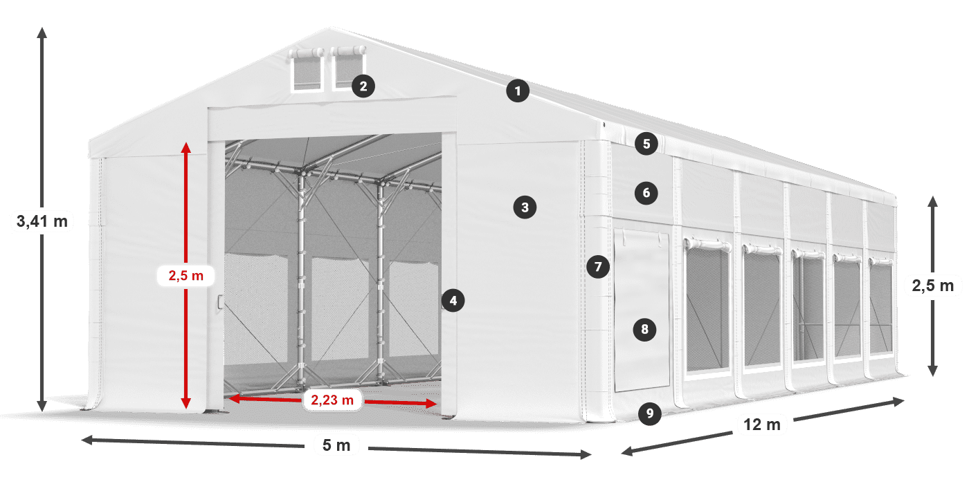 Střecha: MS 580 PVC Stěny: SD M 500 PVC 2,5 m legenda