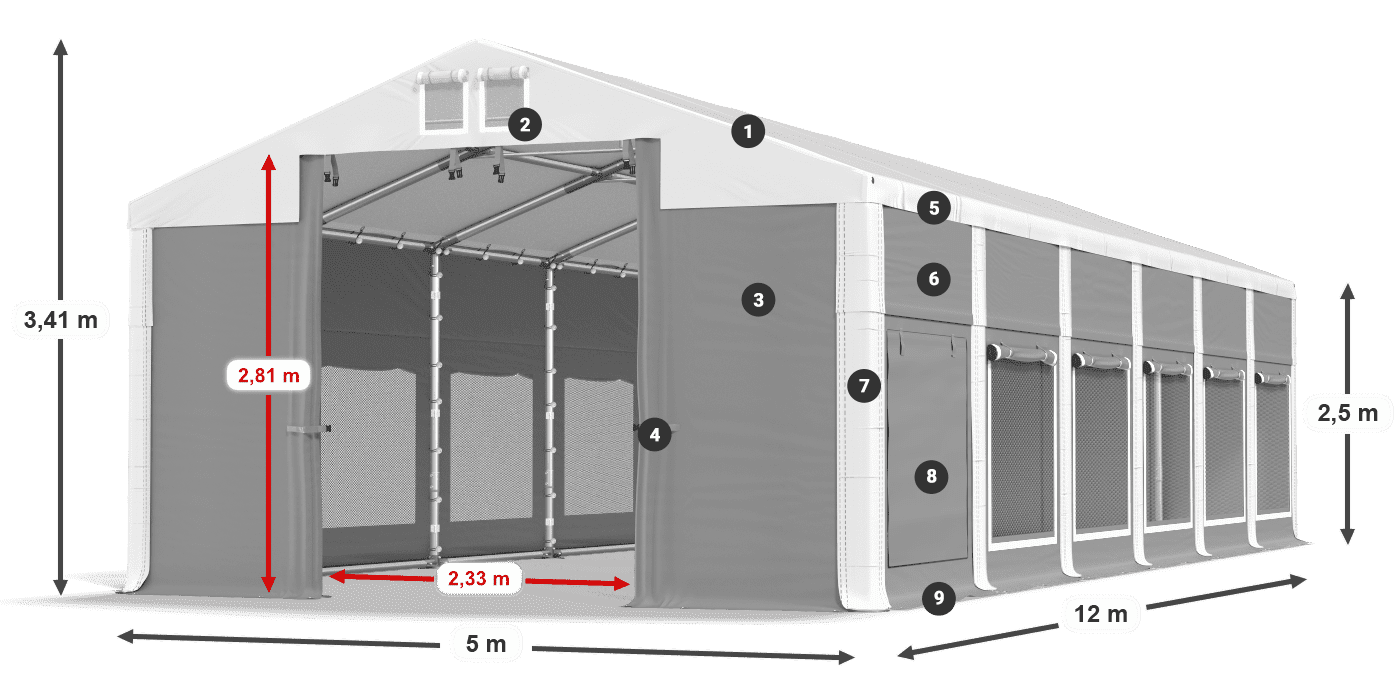 Střecha: MS 580 PVC Stěny: SD M 500 PVC 2,5 m legenda