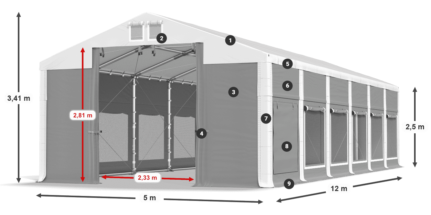 Střecha: MS 580 PVC Stěny: SD M 500 PVC 2,5 m legenda
