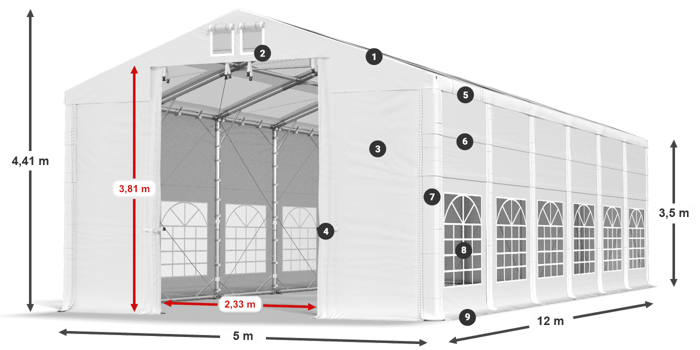 Střecha: MS T 580 PVC Stěny: SD 500 I PVC 3,5m legenda