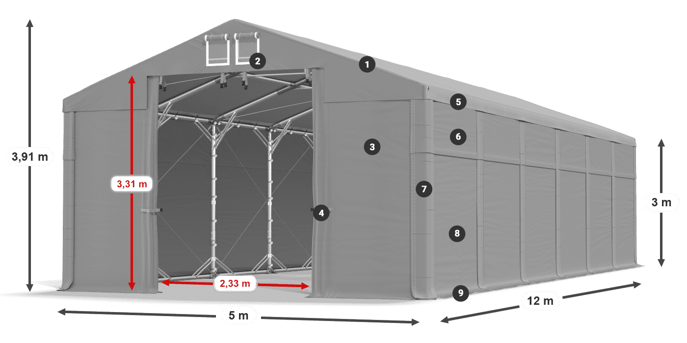Střecha: FR 620 PVC Stěny: SD 500 PVC 3m legenda