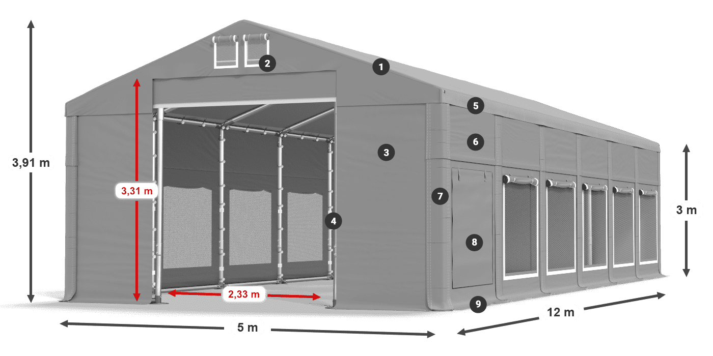 Střecha: FR 620 PVC Stěny: SD 500 PVC 3m legenda