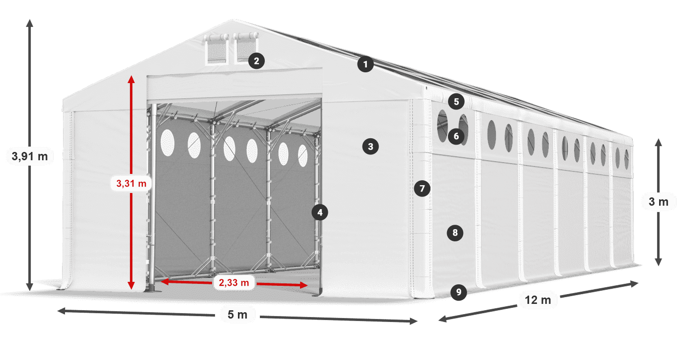 Střecha: MS T 580 PVC Stěny: FR O 620 PVC 3m legenda