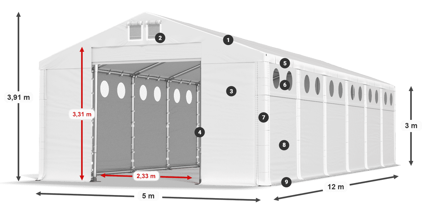 Střecha: MS 580 PVC Stěny: FR O 620 PVC 3m legenda