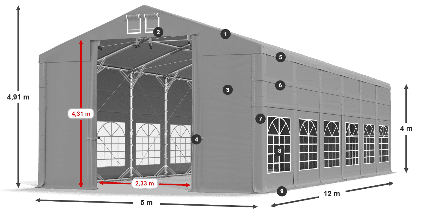 Střecha: FR 620 PVC Stěny: SD 500 PVC 4m legenda