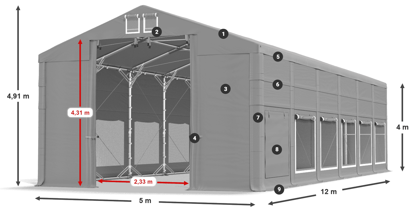 Střecha: FR 620 PVC Stěny: SD 500 PVC 4m legenda