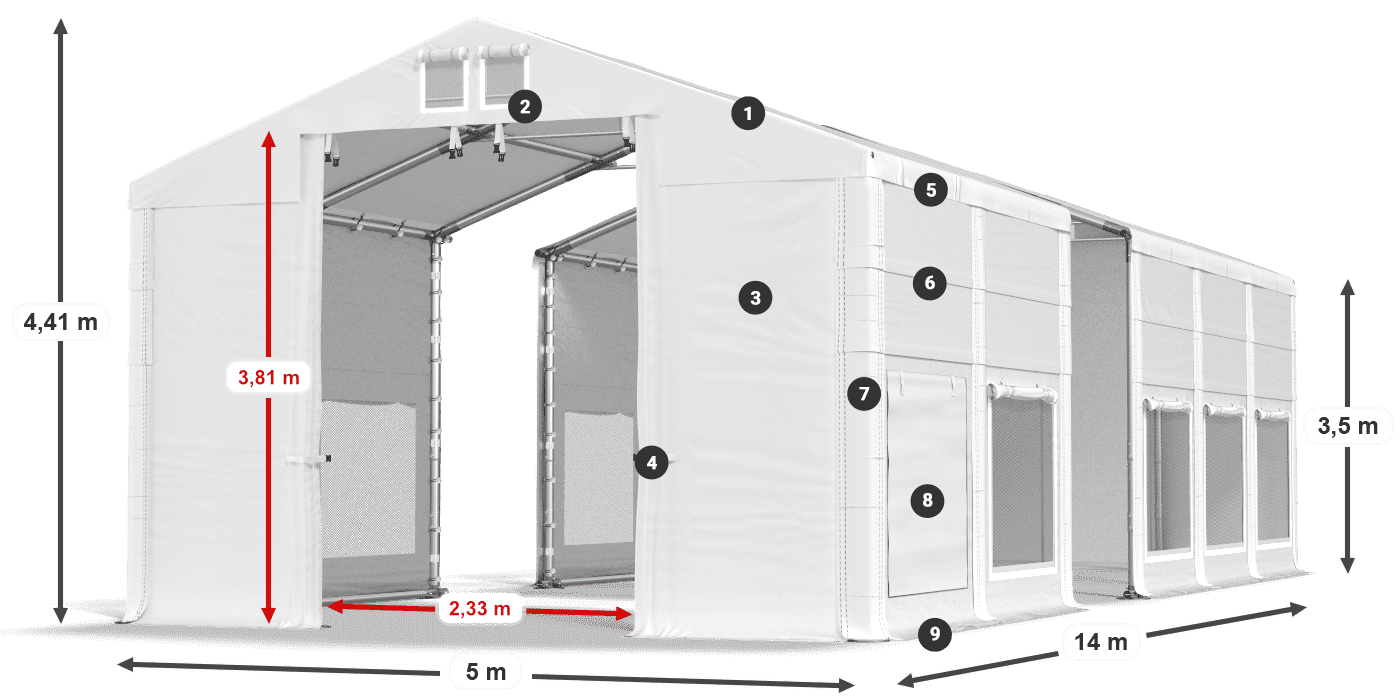 Střecha: MS 580 PVC Stěny: SD M 500 PVC 3,5m legenda