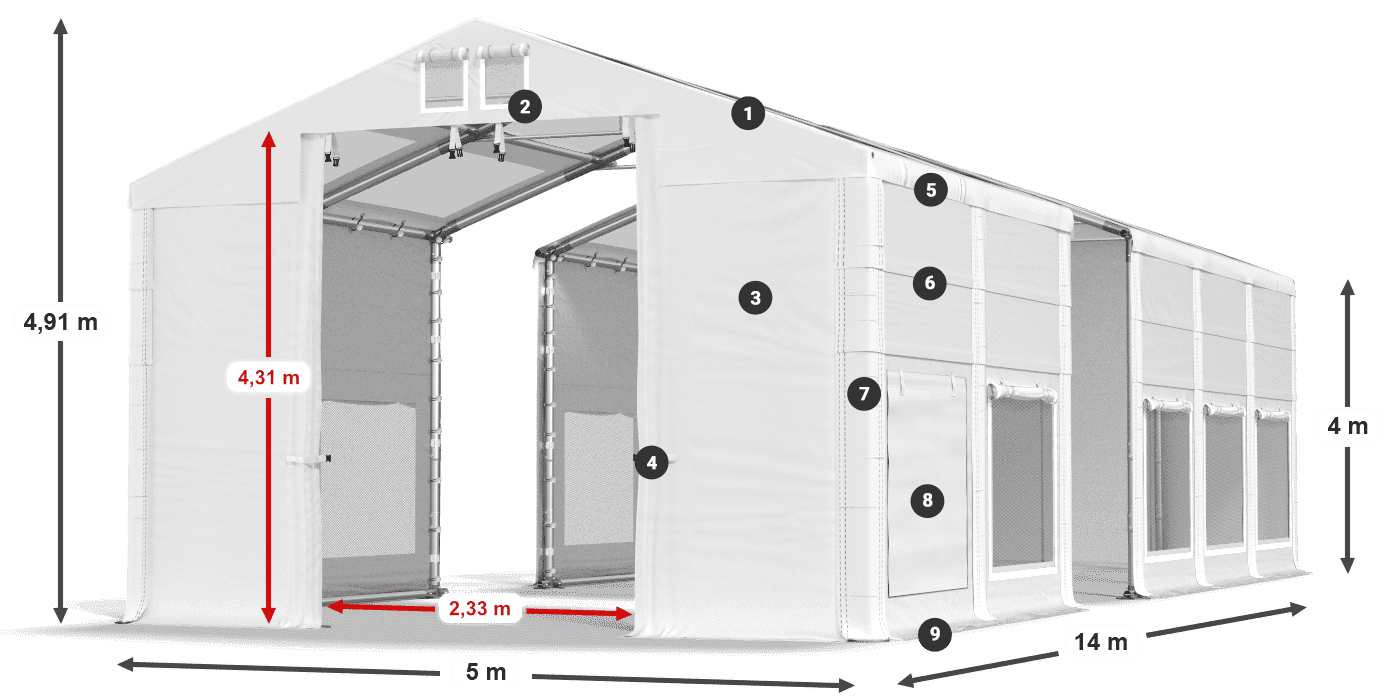 Střecha: MS T 580 PVC Stěny: SD M 500 PVC 4m legenda