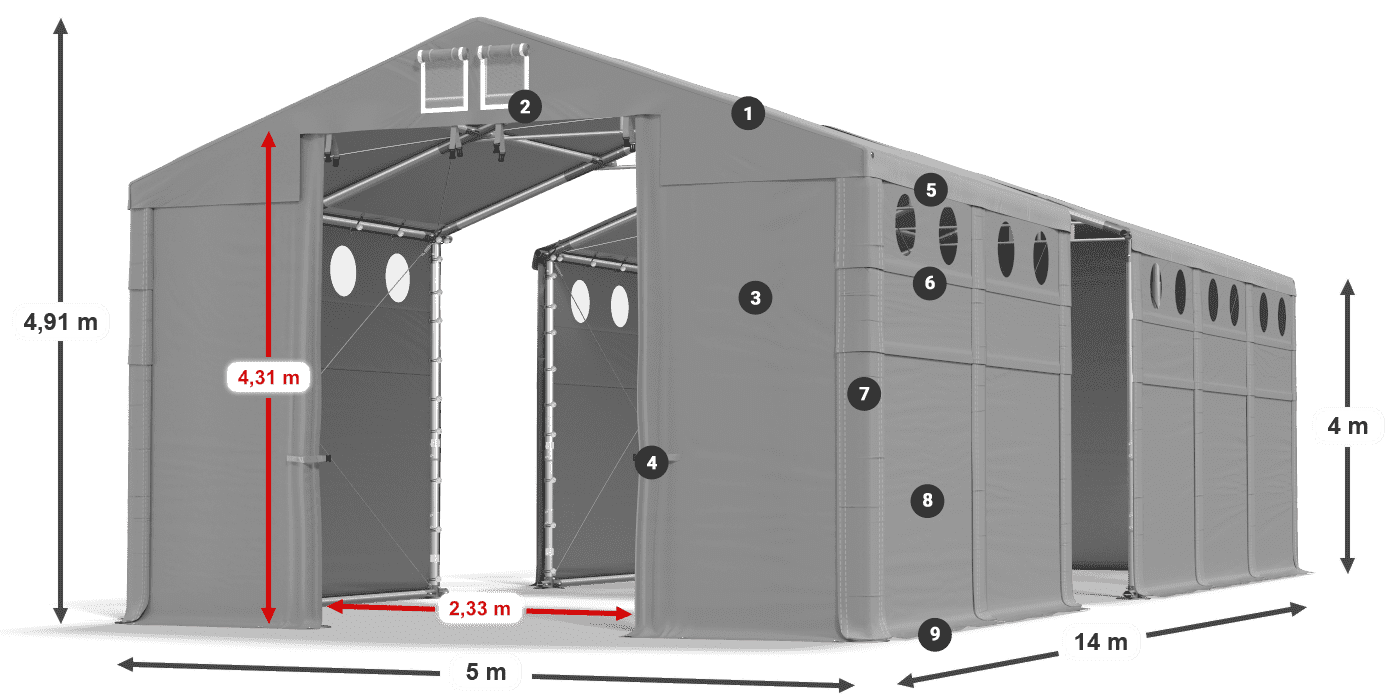 Střecha: SD 560 PVC Stěny: FR O 620 PVC legenda 4m