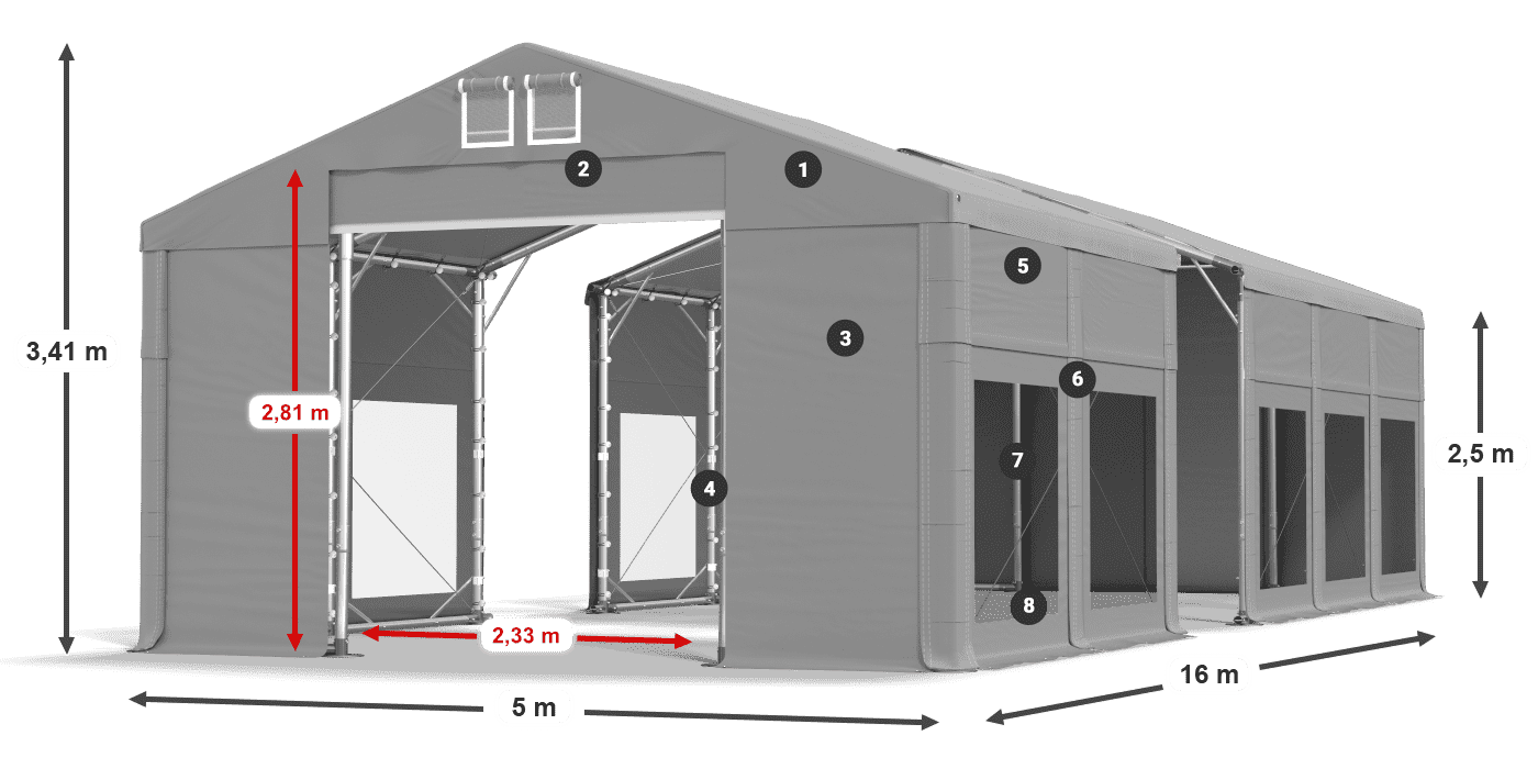 Střecha: FR 620 PVC Stěny: MS 580 PVC 2,5 m legenda
