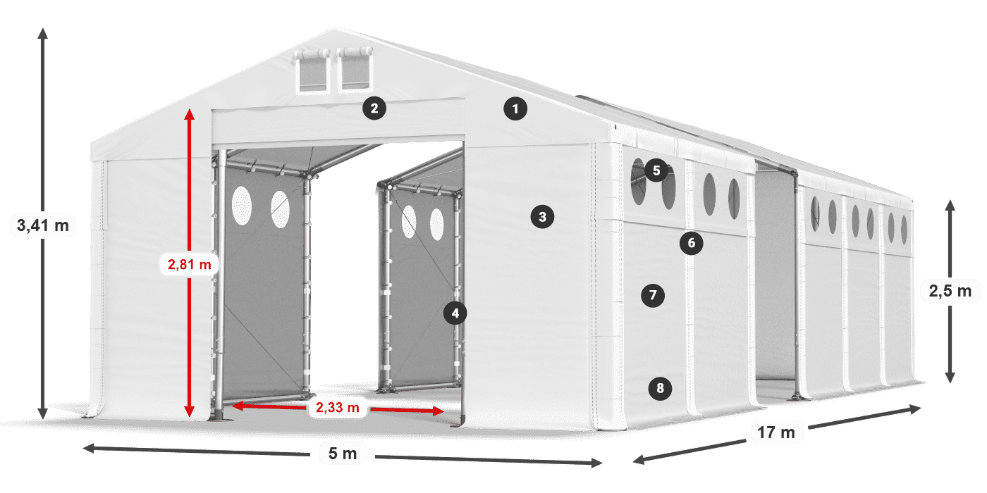 Střecha: FR 620 PVC Stěny: MS O 580 PVC 2,5 m legenda