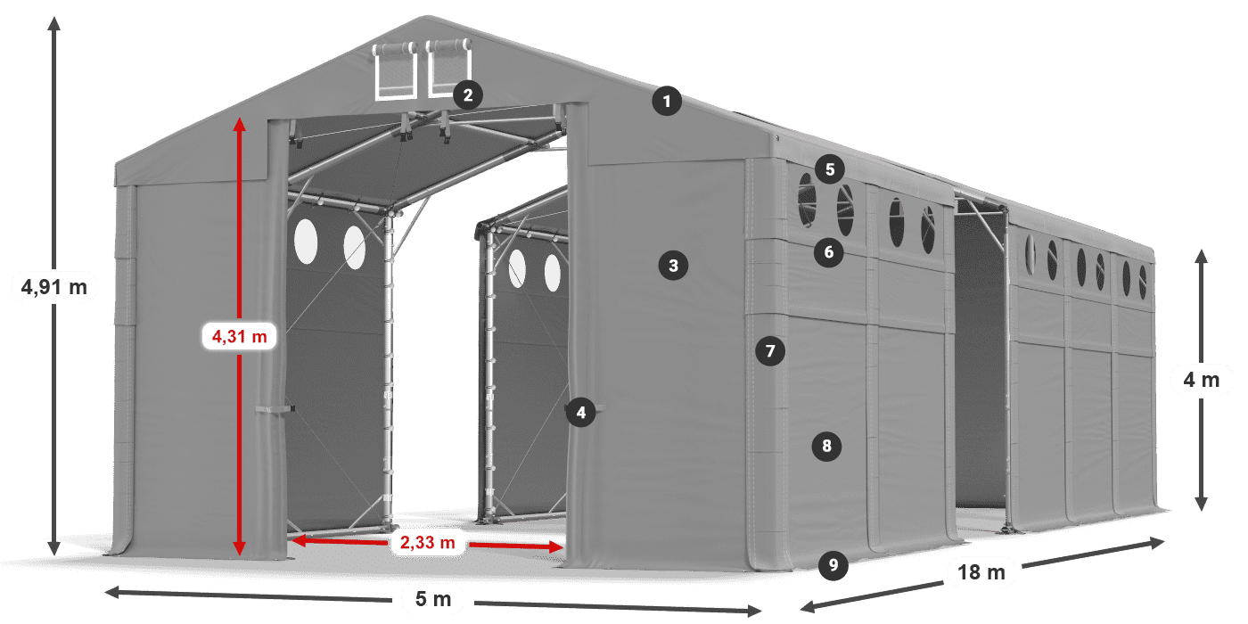 Střecha: FR 620 PVC Stěny: SD O 500 PVC 4m legenda