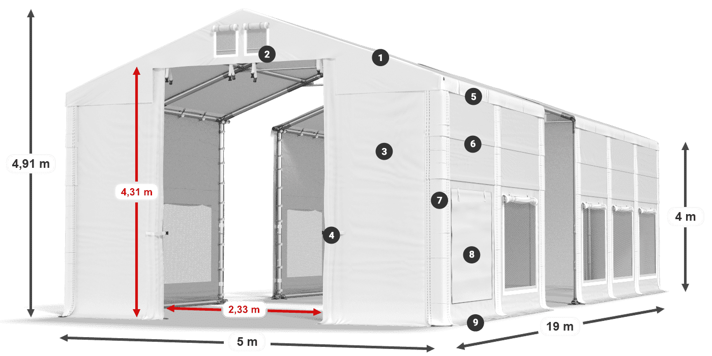 Střecha: MS 580 PVC Stěny: SD M 500 PVC 4m legenda