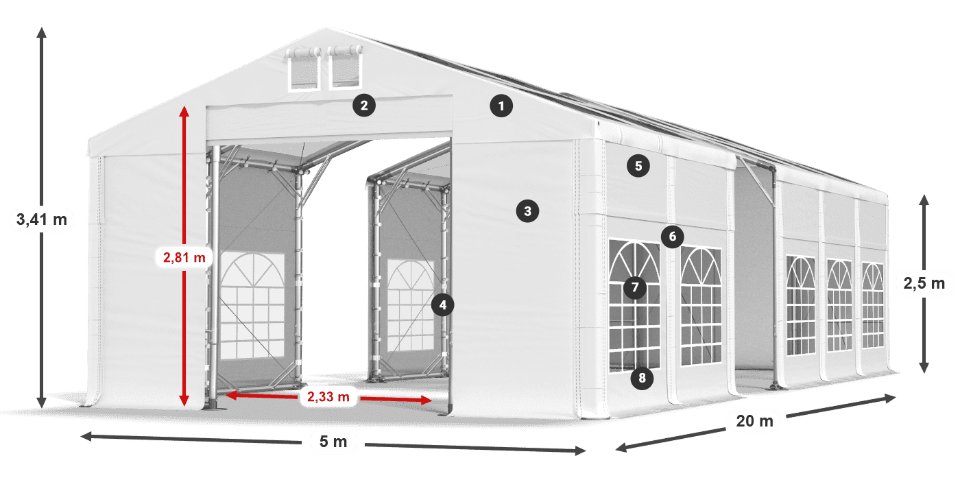 Střecha: MS T 580 PVC Stěny: FR 620 PVC 2,5 m legenda